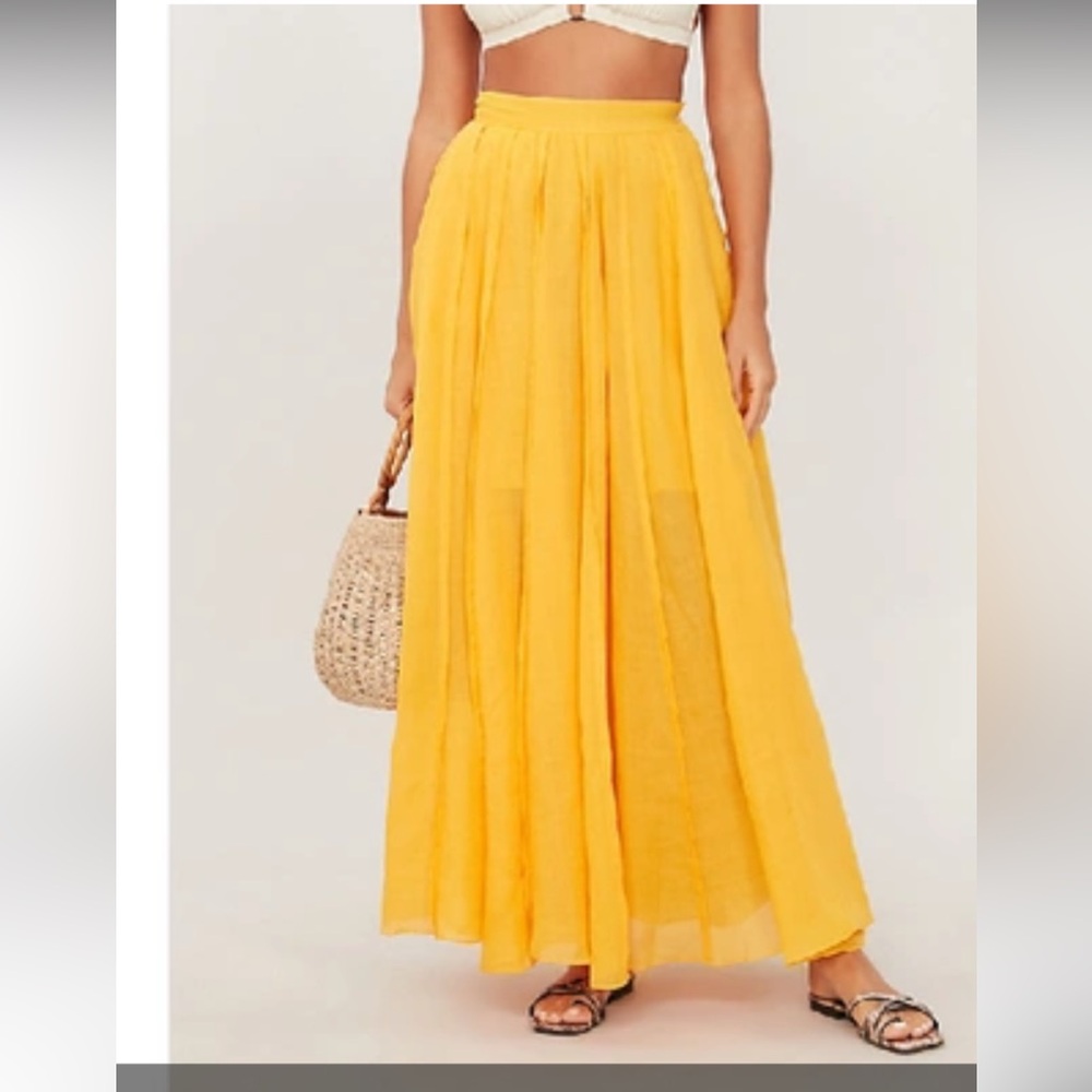 Three Graces London Yellow Pleated Ramie Maxi Skirt for Resort Wear 41in length